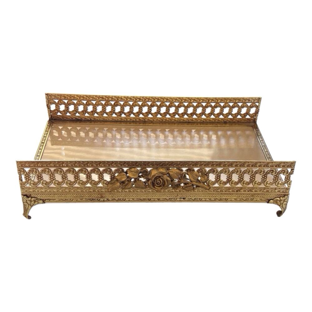 Hollywood Regency Roses Gold Brass Tone Kleenex Tissue Box Holder Vintage
